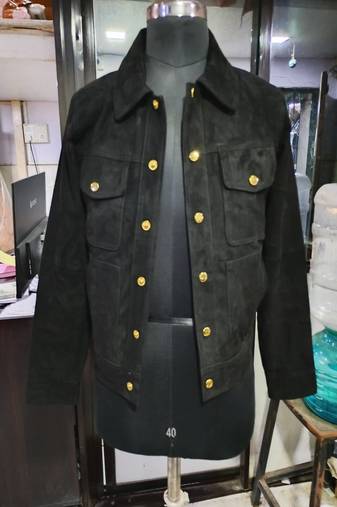 Qawach men's  dark green suede leather button style collar jacket