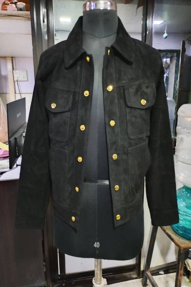 Qawach men's  dark green suede leather button style collar jacket