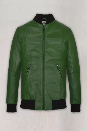Qawach men's genuine green bomber leather jacket black rib collar vintage