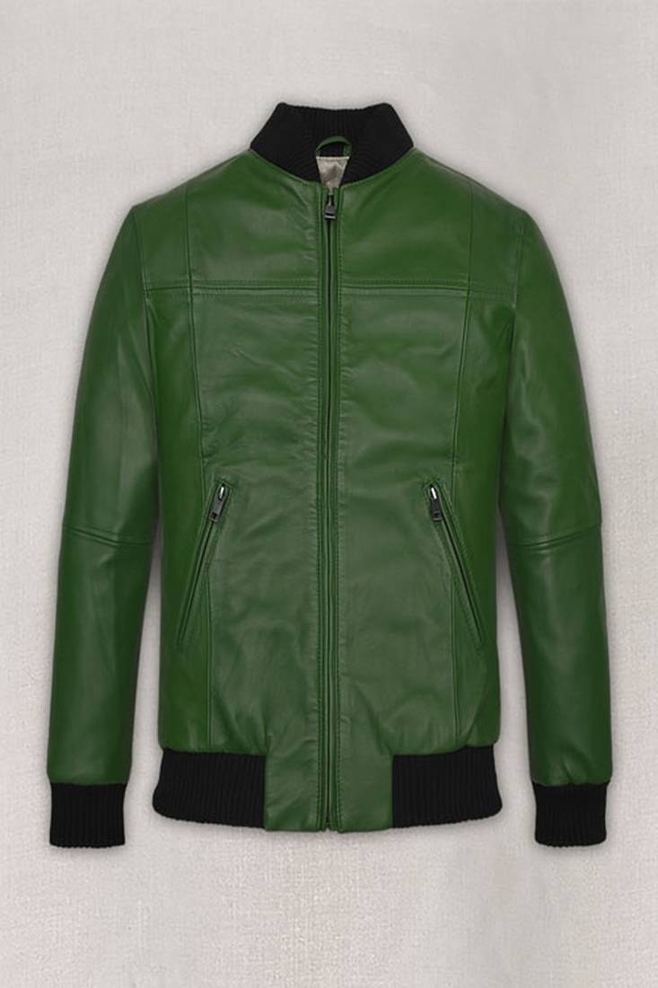Qawach men's genuine green bomber leather jacket black rib collar vintage