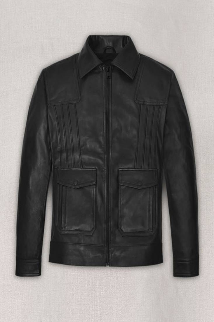 Qawach men's genuine black pocket leather jacket vintage look
