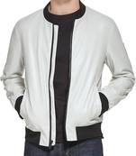 Qawach men's genuine lambskin leather white jacket rib collar vintage