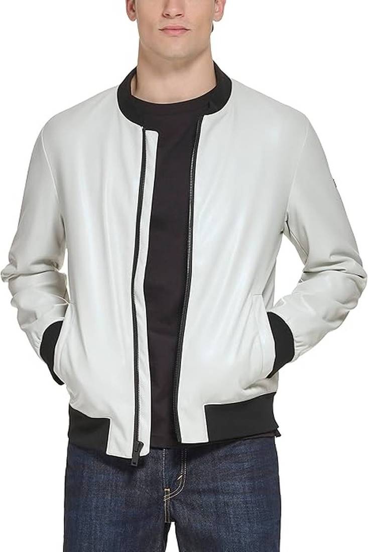 Qawach men's genuine lambskin leather white jacket rib collar vintage