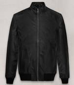 Qawach men's genuine black bomber leather jacket vintage black rib collar