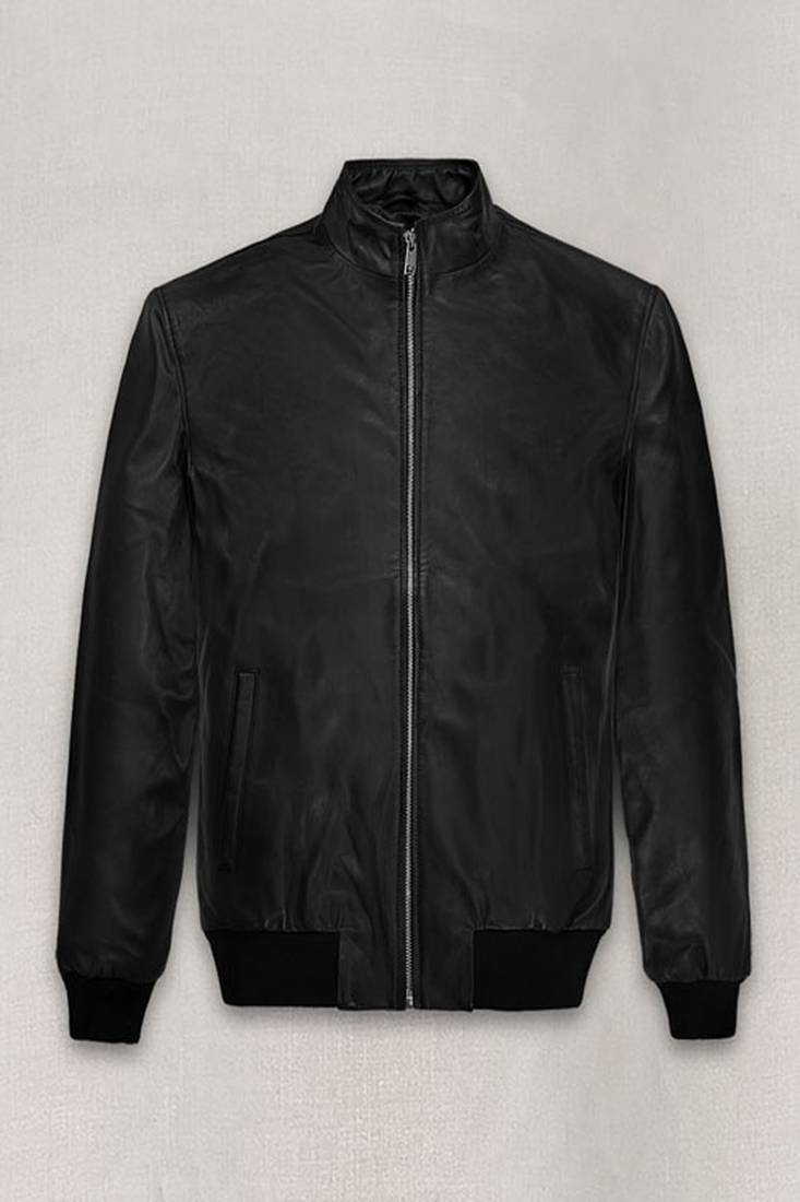 Qawach men's genuine black bomber leather jacket vintage black rib collar