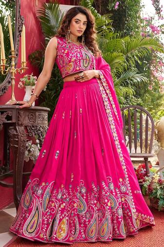Rani Pink Color Embroidery Sequence with Thared Work Silk Lahenga Choli Set