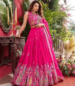 Rani Pink Color Embroidery Sequence with Thared Work Silk Lahenga Choli Set