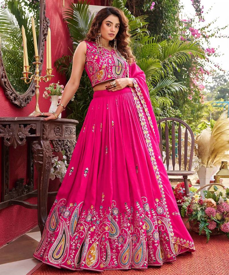 Rani Pink Color Embroidery Sequence with Thared Work Silk Lahenga Choli Set
