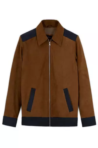 Qawach men's genuine suede brown leather jacket  rib collar cuff