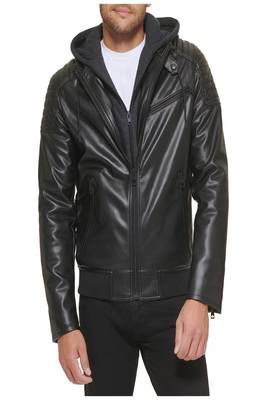men's black premium lambskin leather jacket hooded biker silhouette 1