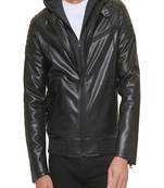 Qawach men's genuine lambskin black leather hoodie jacket stylish look