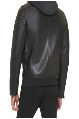 men's black premium lambskin leather jacket hooded biker silhouette 2
