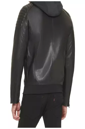 men's black premium lambskin leather jacket hooded biker silhouette