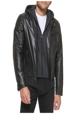 men's black premium lambskin leather jacket hooded biker silhouette 3