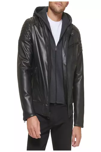 men's black premium lambskin leather jacket hooded biker silhouette