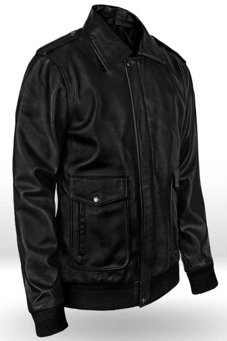 Qawach men's genuine black vintage jacket collar rib cuff lambskin jacket