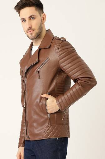 Qawach men's brown quilted design vintage leather motorcycle jacket