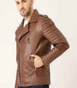 Qawach men's brown quilted design vintage leather motorcycle jacket