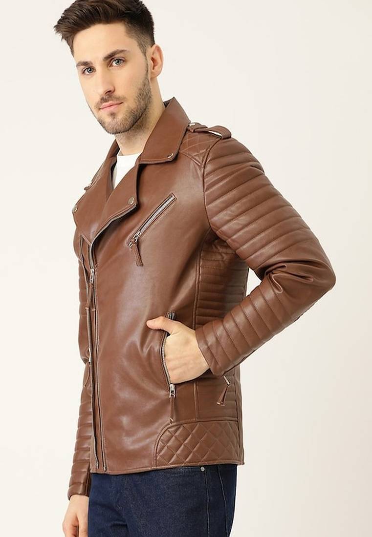 Qawach men's brown quilted design vintage leather motorcycle jacket