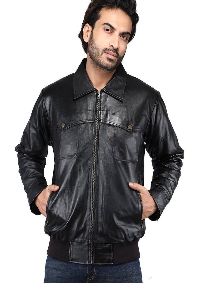 Qawach men's two pocket vintage leather motorcycle jacket biker moto