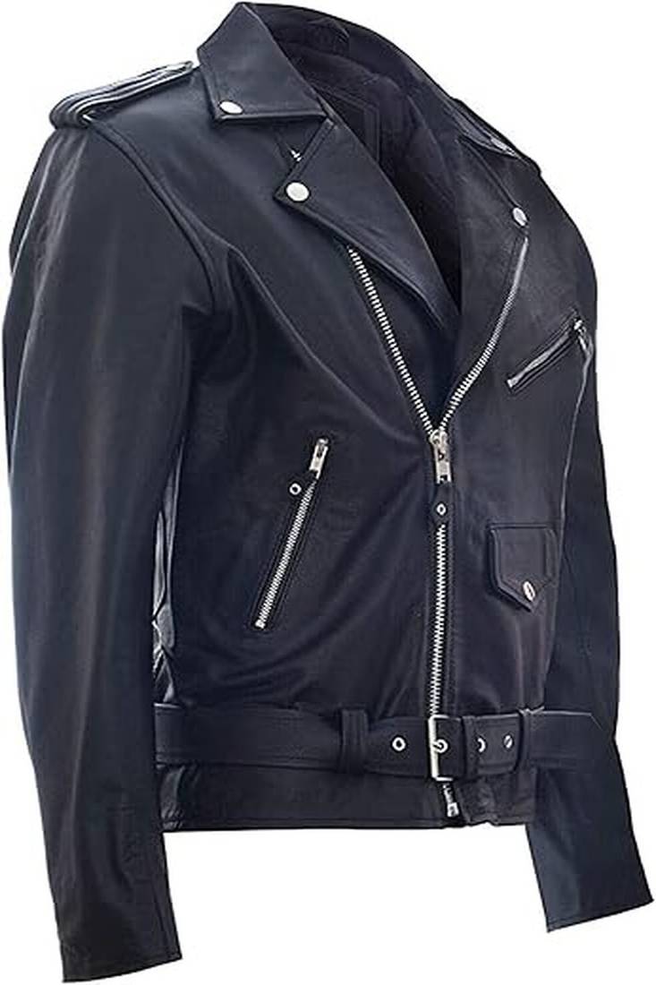 Qawach men's zipper moto vintage leather motorcycle jacket biker