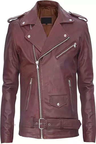 Qawach men's zipper moto vintage maroon lambskin leather motorcycle jacket biker