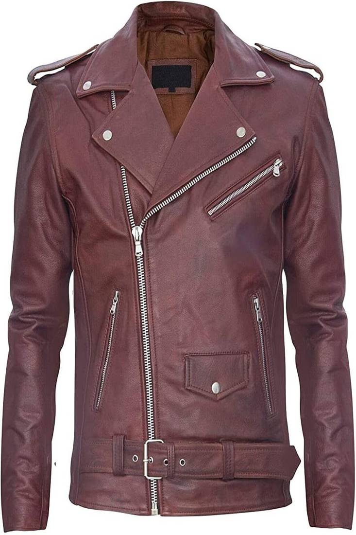 Qawach men's zipper moto vintage maroon lambskin leather motorcycle jacket biker