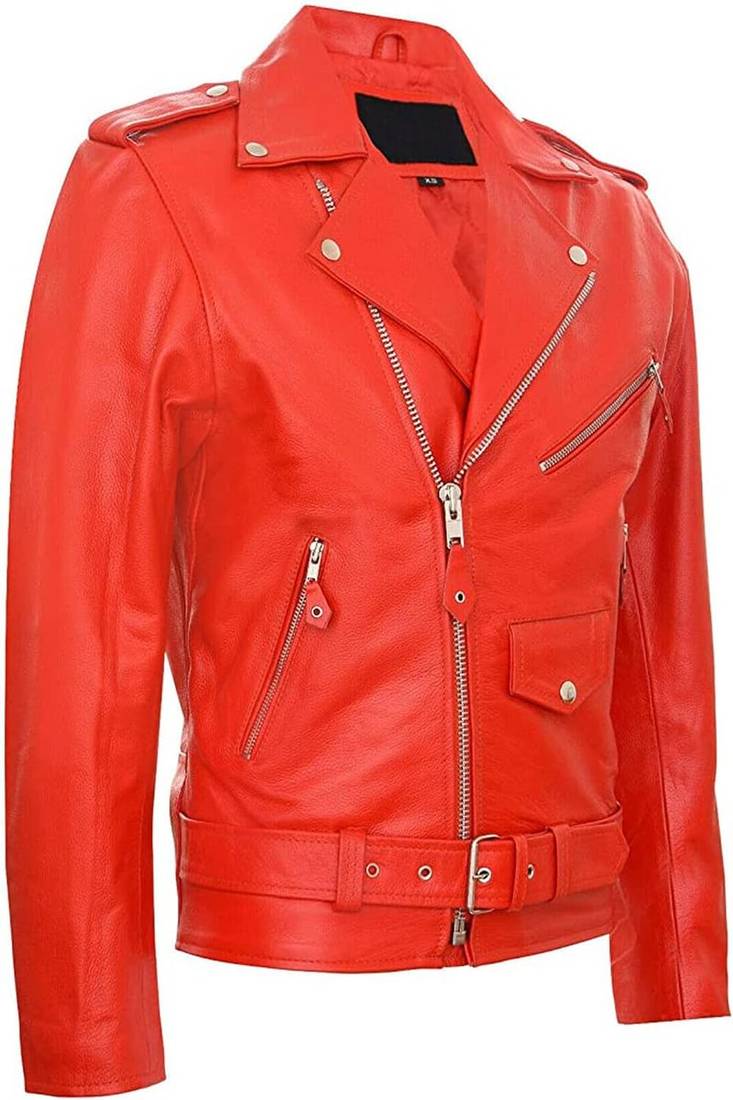 Qawach men's zipper moto vintage red lambskin leather motorcycle jacket biker