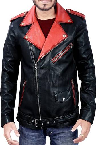 Qawach zipper vintage black lambskin leather motorcycle jacket