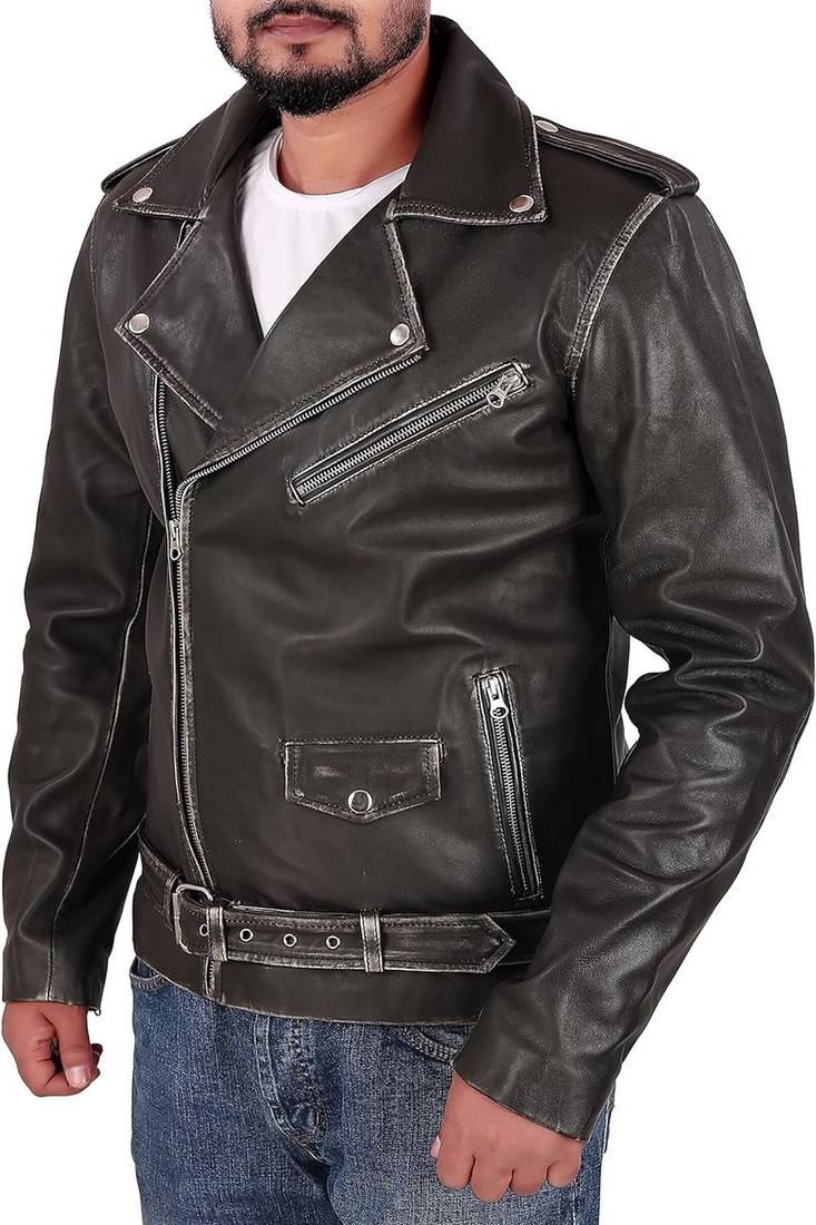Qawach zipper vintage black genuine lambskin leather motorcycle jacket