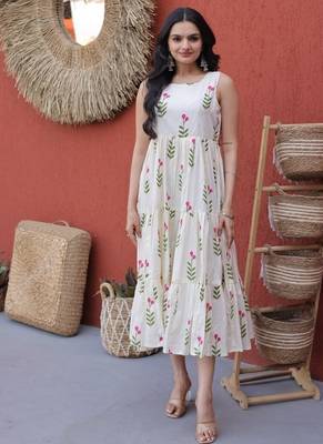 Cream digital printed cotton stitched kurti for women 1