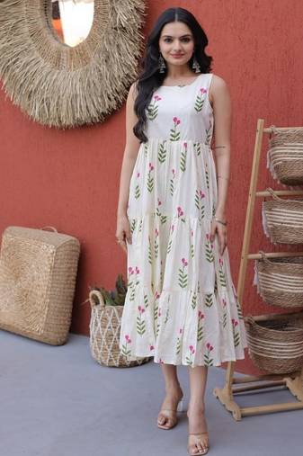 Cream digital printed cotton stitched kurti for women