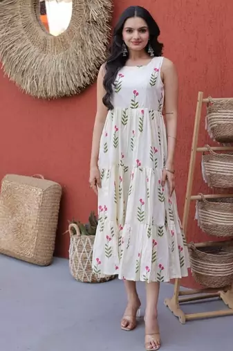 Cream digital printed cotton stitched kurti for women