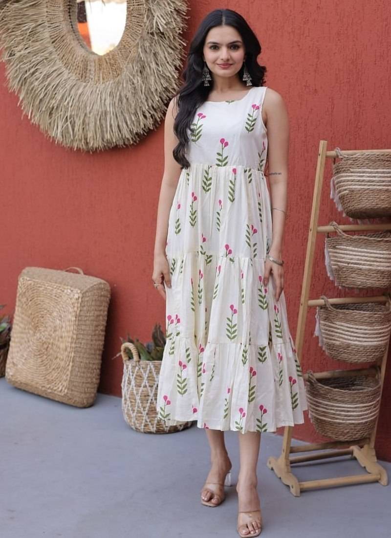 Cream digital printed cotton stitched kurti for women