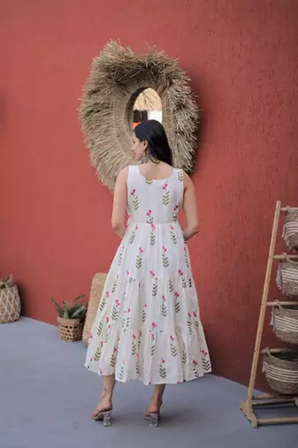 Cream digital printed cotton stitched kurti for women