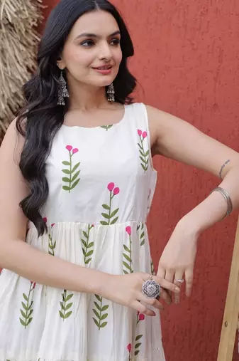 Cream digital printed cotton stitched kurti for women