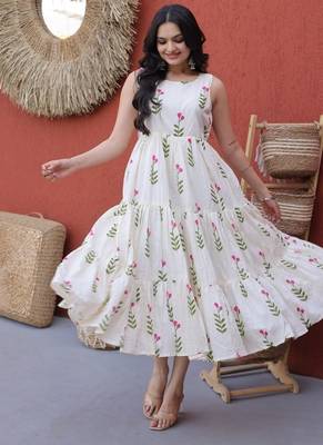 Cream digital printed cotton stitched kurti for women 4