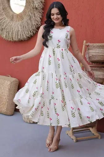Cream digital printed cotton stitched kurti for women