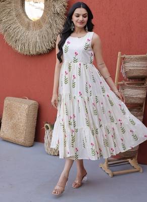 Cream digital printed cotton stitched kurti for women 5