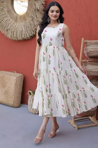 Cream digital printed cotton stitched kurti for women