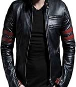 Qawach zipper vintage black lambskin leather  red arm strip motorcycle jacket