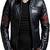 Qawach zipper vintage black lambskin leather  red arm strip motorcycle jacket
