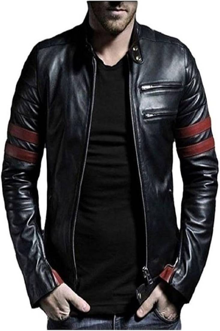 Qawach zipper vintage black lambskin leather  red arm strip motorcycle jacket