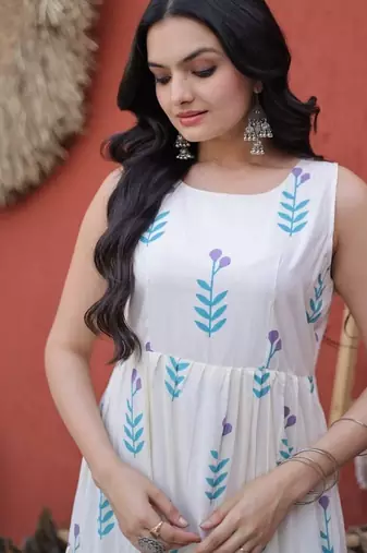 White digital printed cotton stitched kurti for women