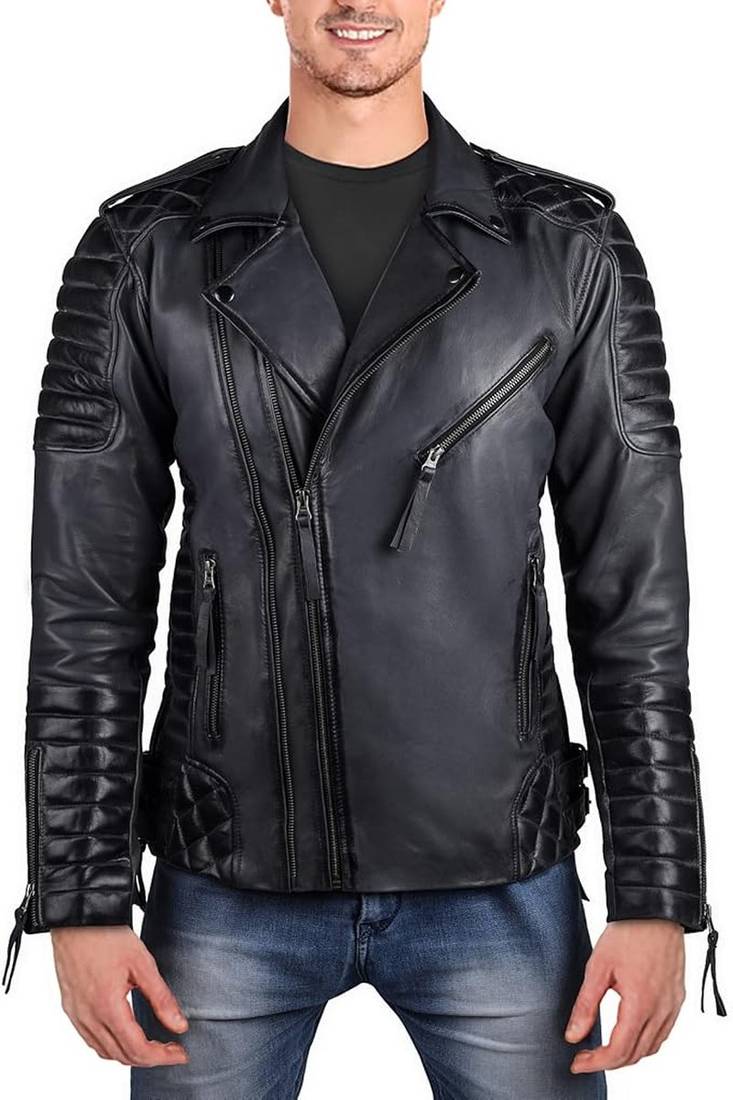 Qawach men's genuine soft leather quilted design motorcycle jacket