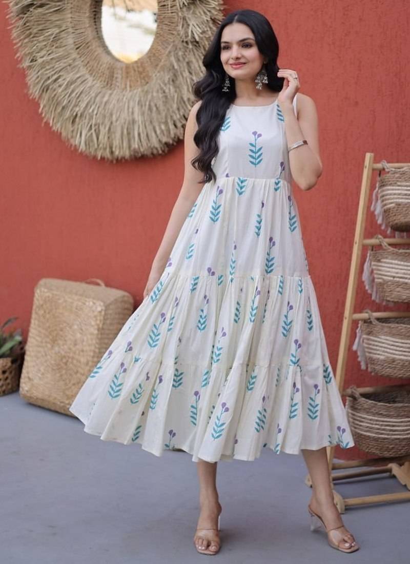 White digital printed cotton stitched kurti for women