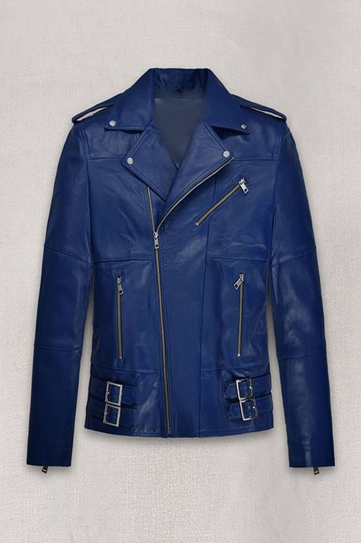 Qawach men's zipper genuine lambskin leather motorcycle jacket blue
