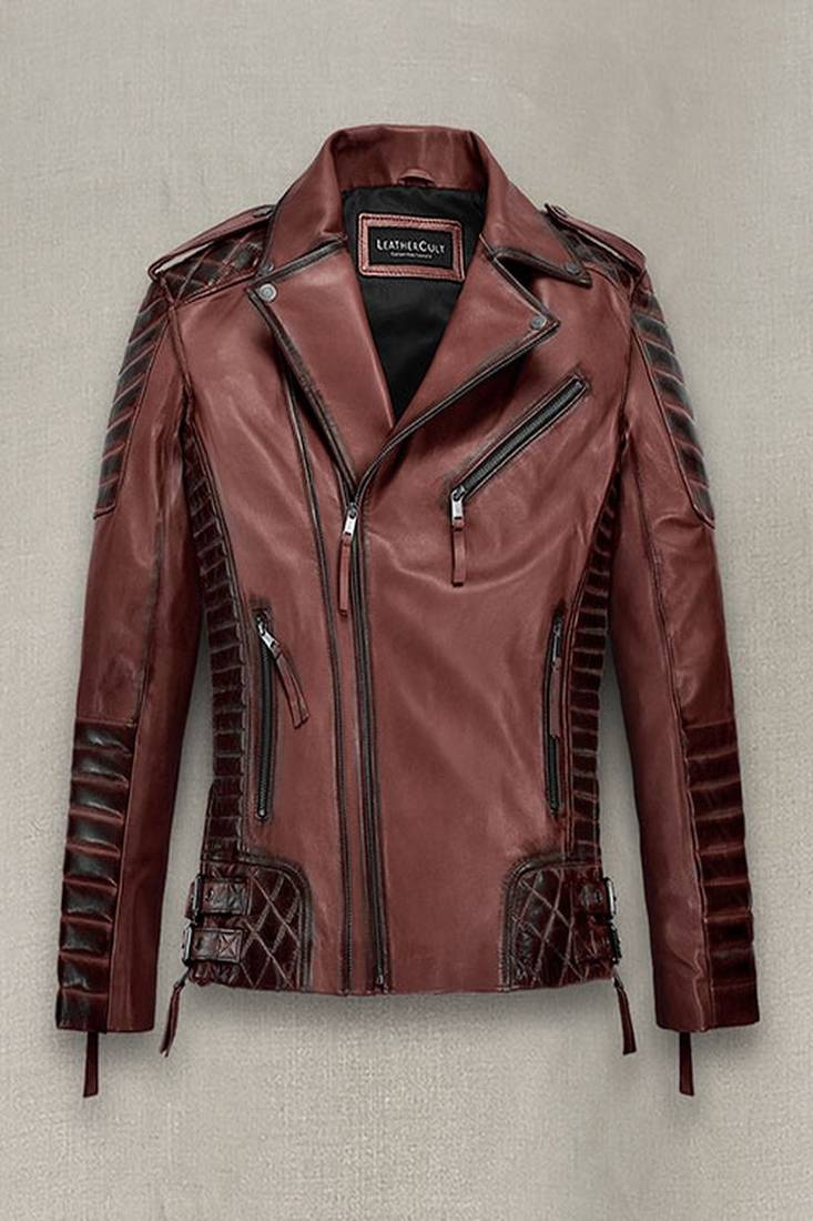 Qawach men's zipper genuine lambskin leather motorcycle jacket maroon shade