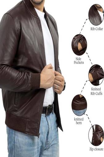 men's brown lambskin leather bomber jacket ribbed cuffs and waist premium