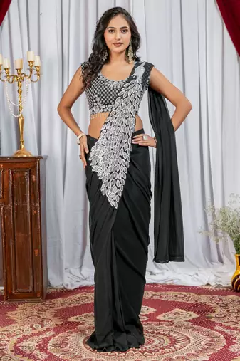 Black Color Embroidered,Thread & Sequins Work Work Faux Georgette Ready To Wear Saree